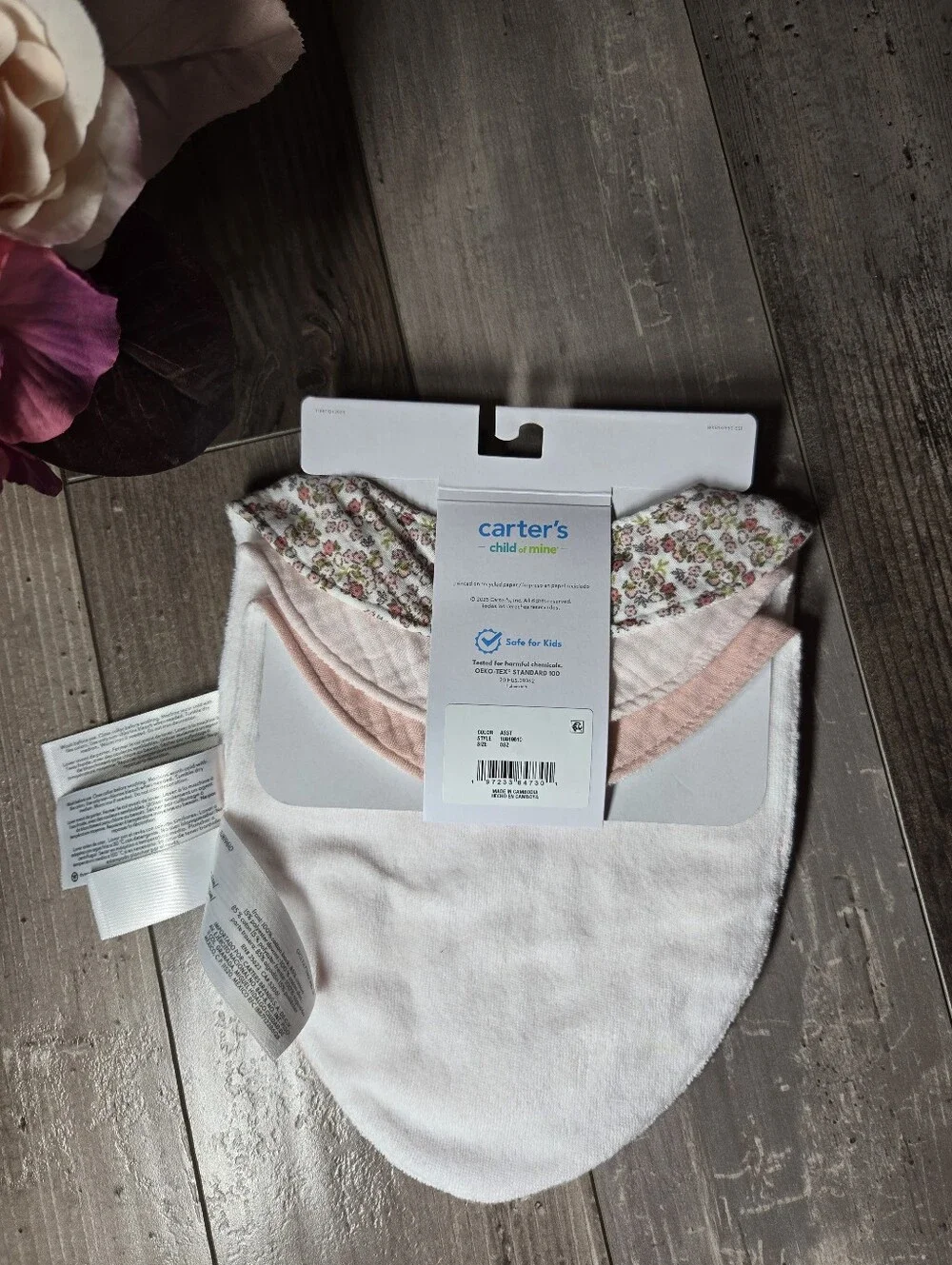 NWT Carter's Baby Girls 3‑Pack Pink Floral & Solid Bandana Bibs ONE SIZE